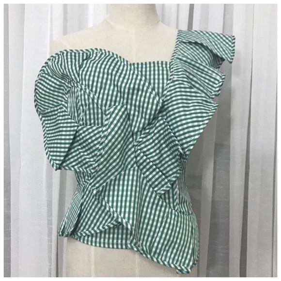 Green Gingham Plaid Ruffle One Shoulder Top DA29 - Picture 7 of 7