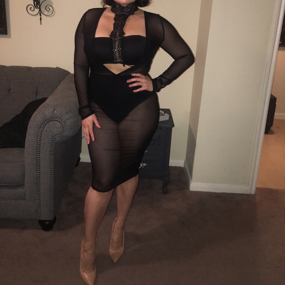 Mesh dress with Lace Choker & Bikini bottom.