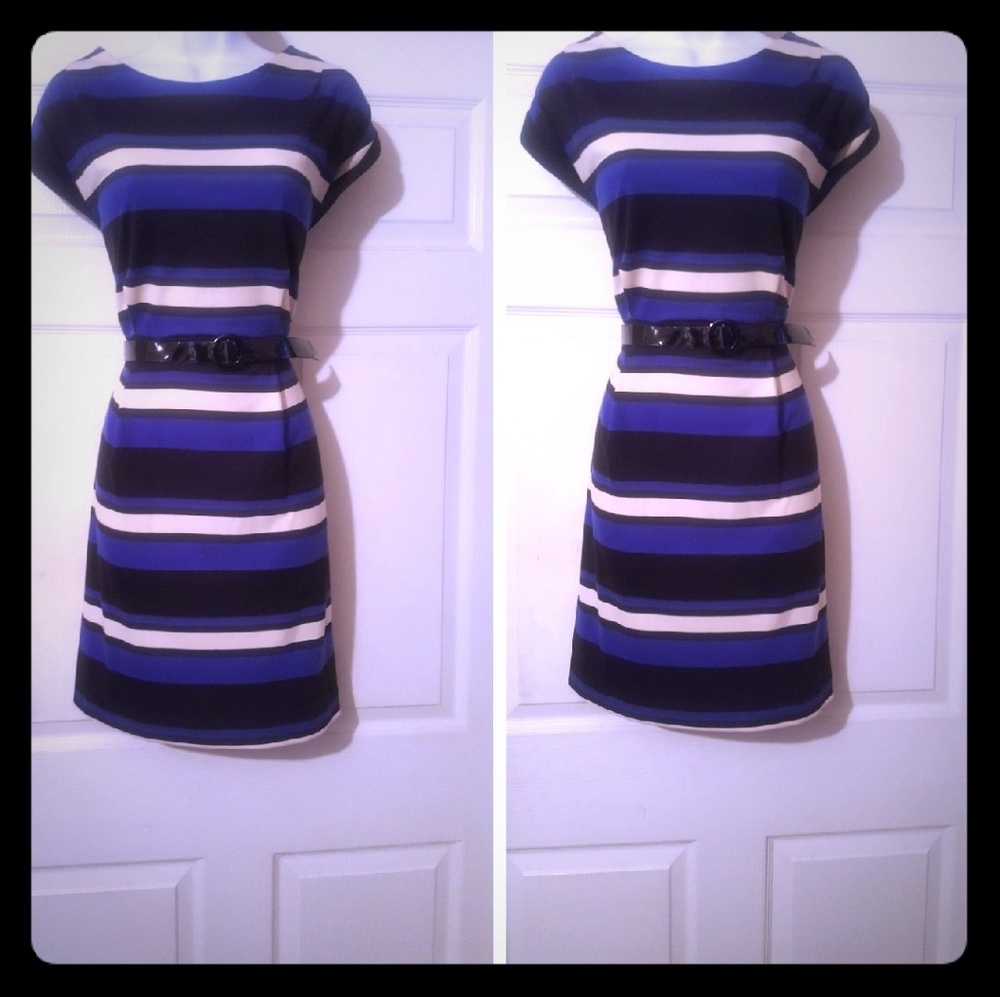 Multicolored striped ponte knit sheath dress