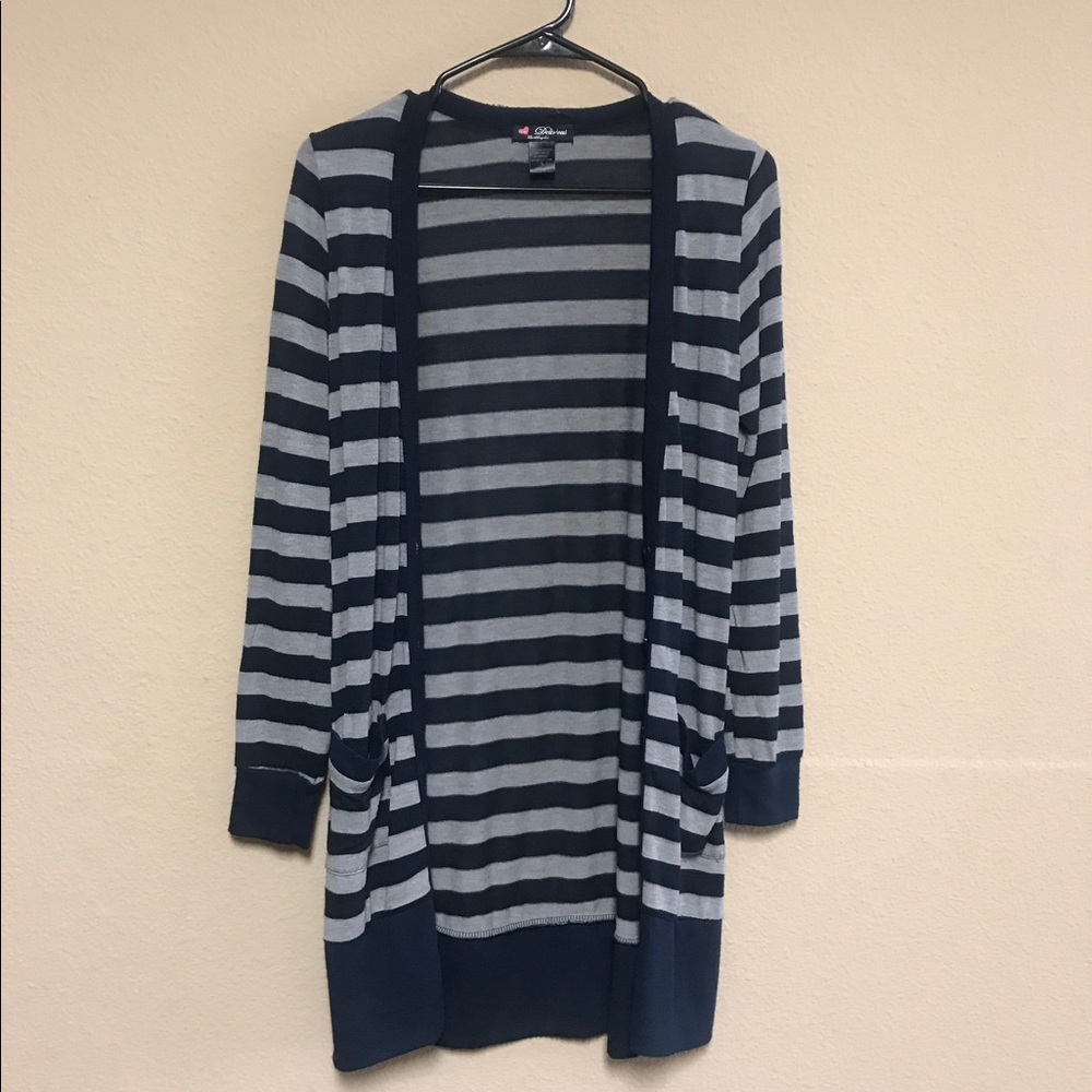 Blue and gray cardigan.