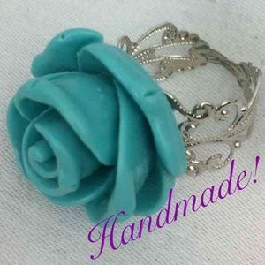 Handmade Adjustable Rose Ring in Teal