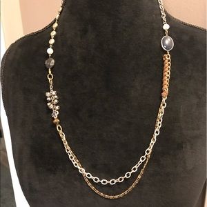 Ornamental chain necklace, leather and blue stone