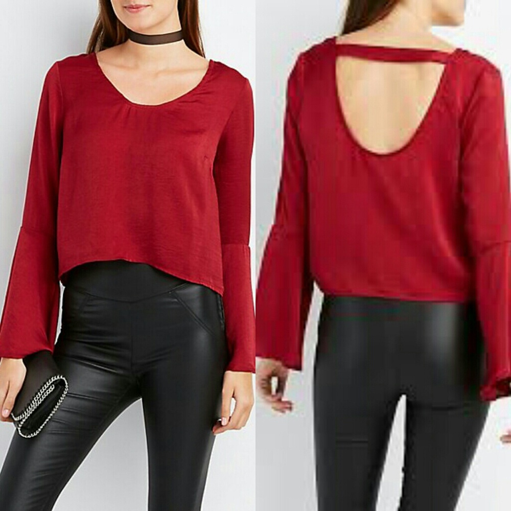 Burgundy Satin Bell Sleeve Strappy Cutout Crop Top