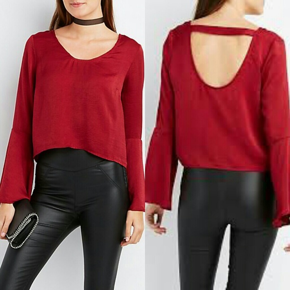 Charlotte Russe Tops - Burgundy Satin Bell Sleeve Strappy Cutout Crop Top