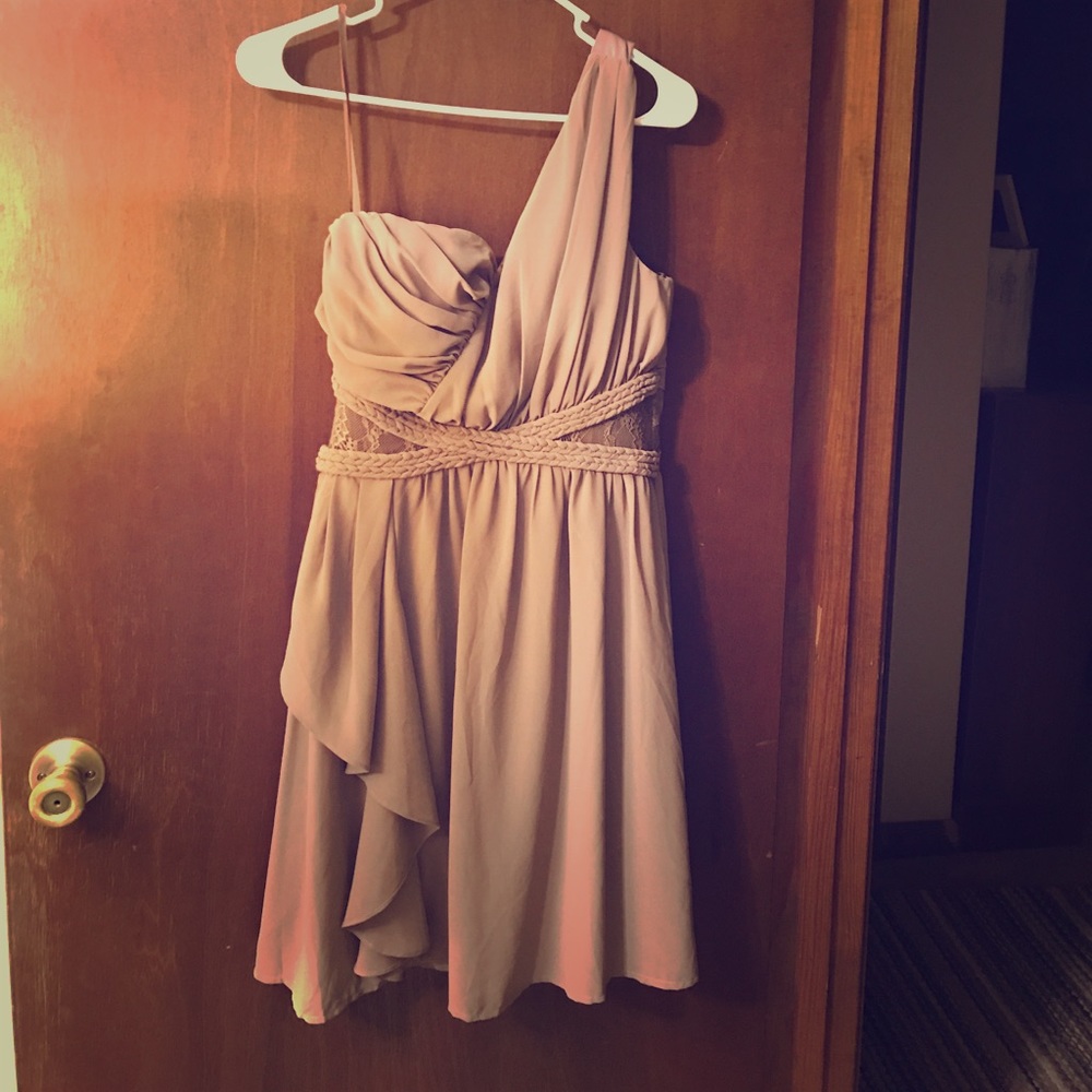 NWT one shoulder mocha dress w/lace detail - wedding guest perfect!