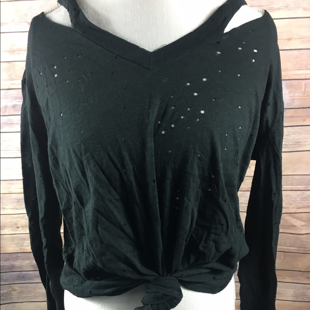 distressed tie front long sleeve