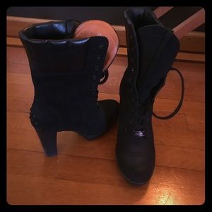 Tods suede and leather high heeled lace up boots