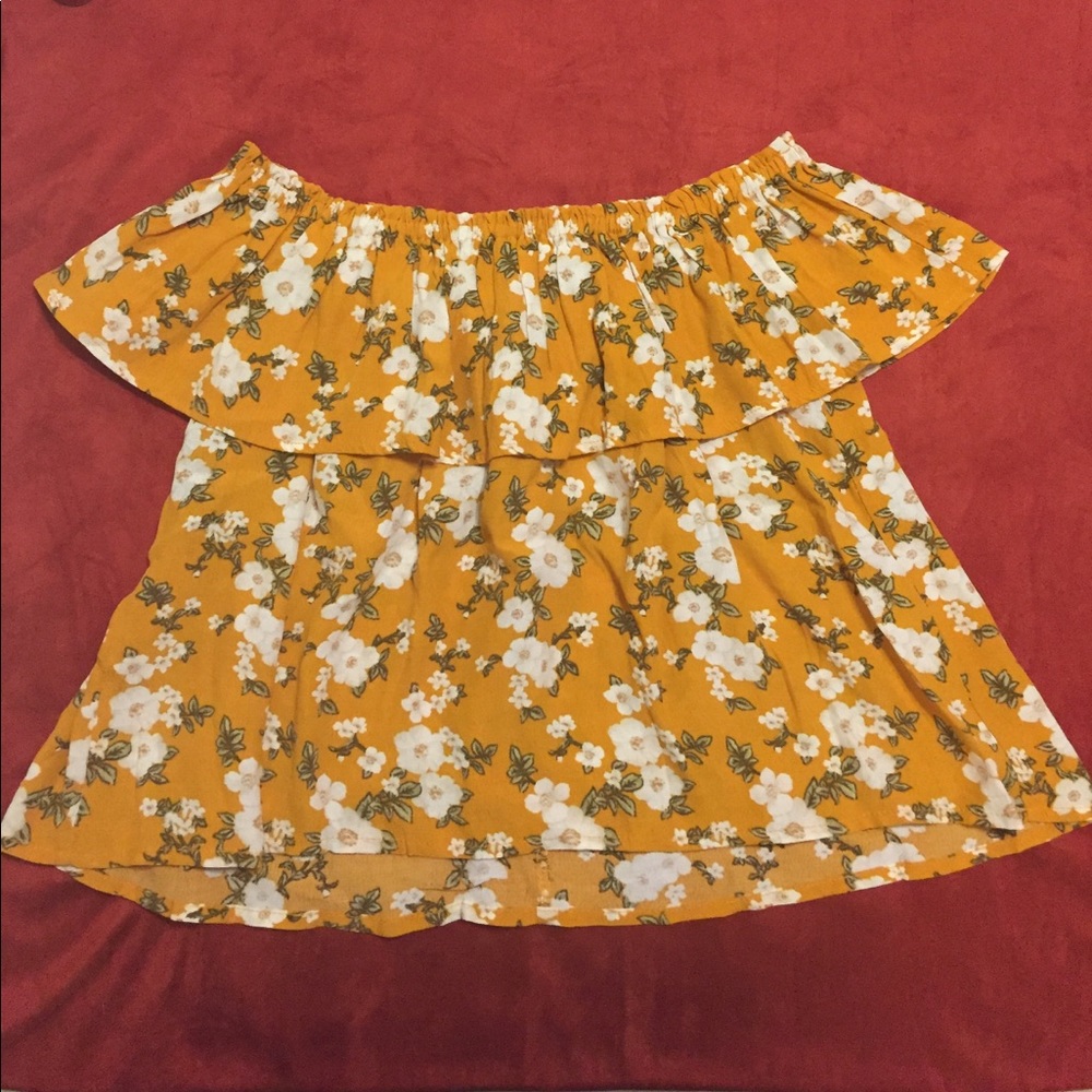 Mustard yellow off the shoulder floral top