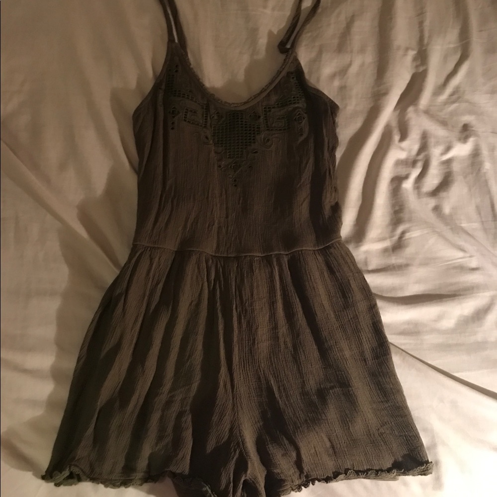 Beautiful dark olive green embroidered romper