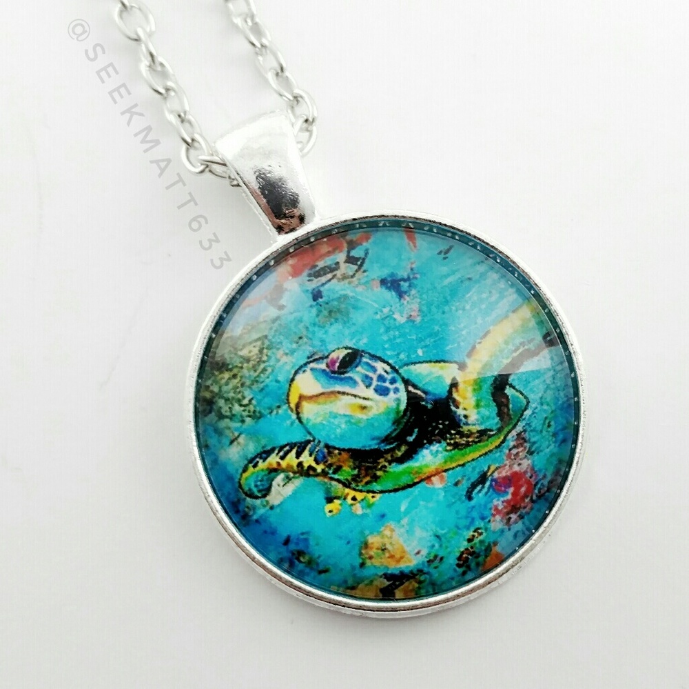 Sea Turtle Colorful Bright Painting Necklace