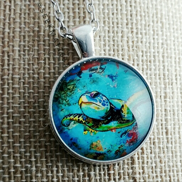 Sea Turtle Colorful Bright Painting Necklace - Picture 3 of 3
