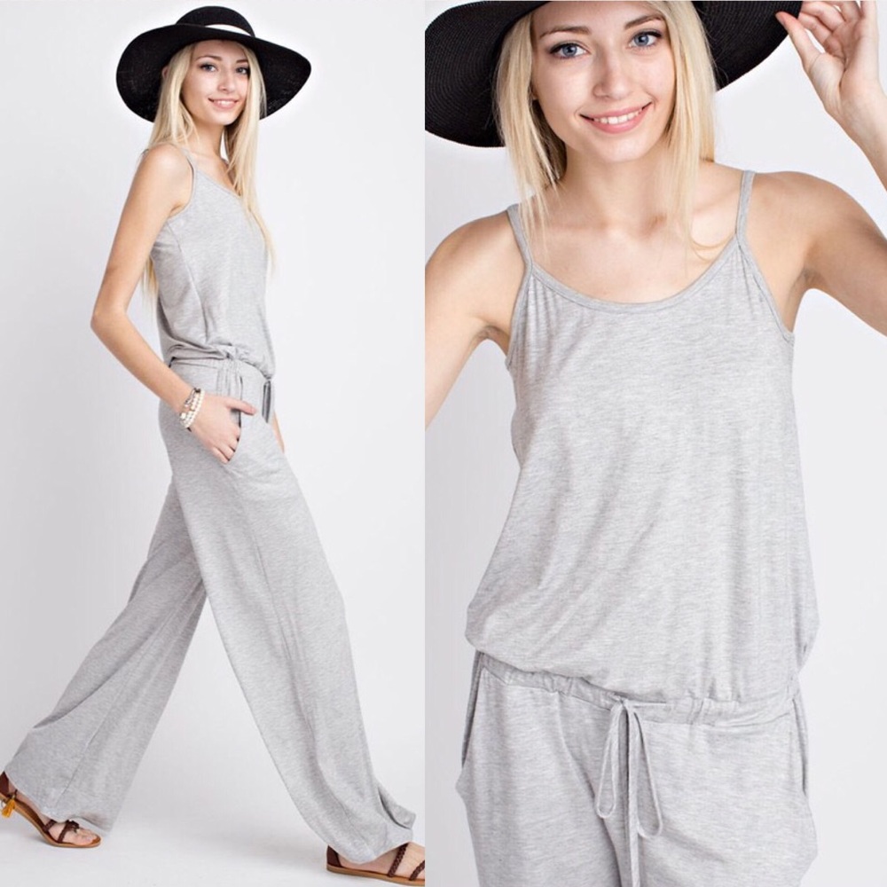 Gray solid rayon jumpsuit w/ elastic waist - Picture 2 of 3
