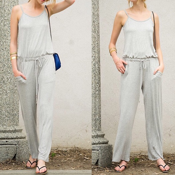 Pink Peplum Boutique Pants - Gray solid rayon jumpsuit w/ elastic waist