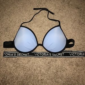 NWOT BLUE DOUBLE BANDED LOGO SWIM TOP!!