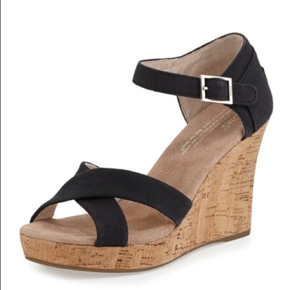 NWOT, Toms Strappy Canvas Wedge Sandal Heels