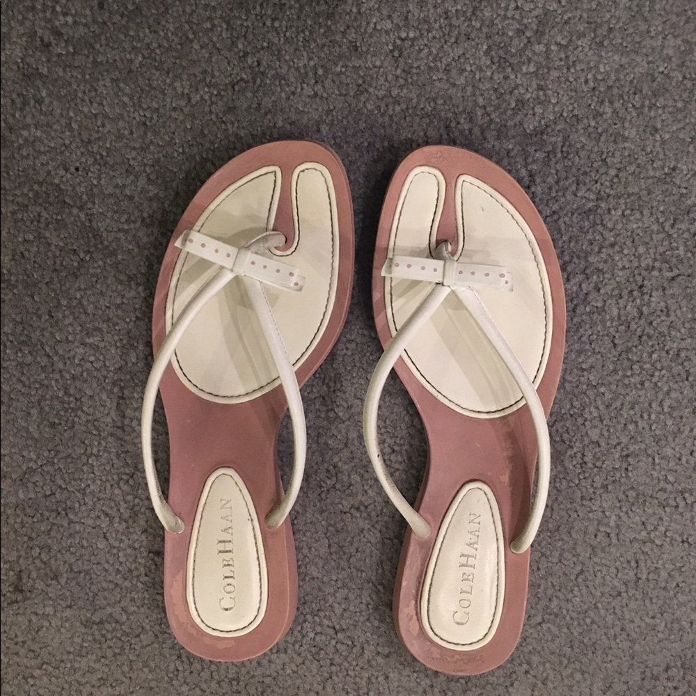 Cole Haan White & Pink Bikini Leather Flip Flops
