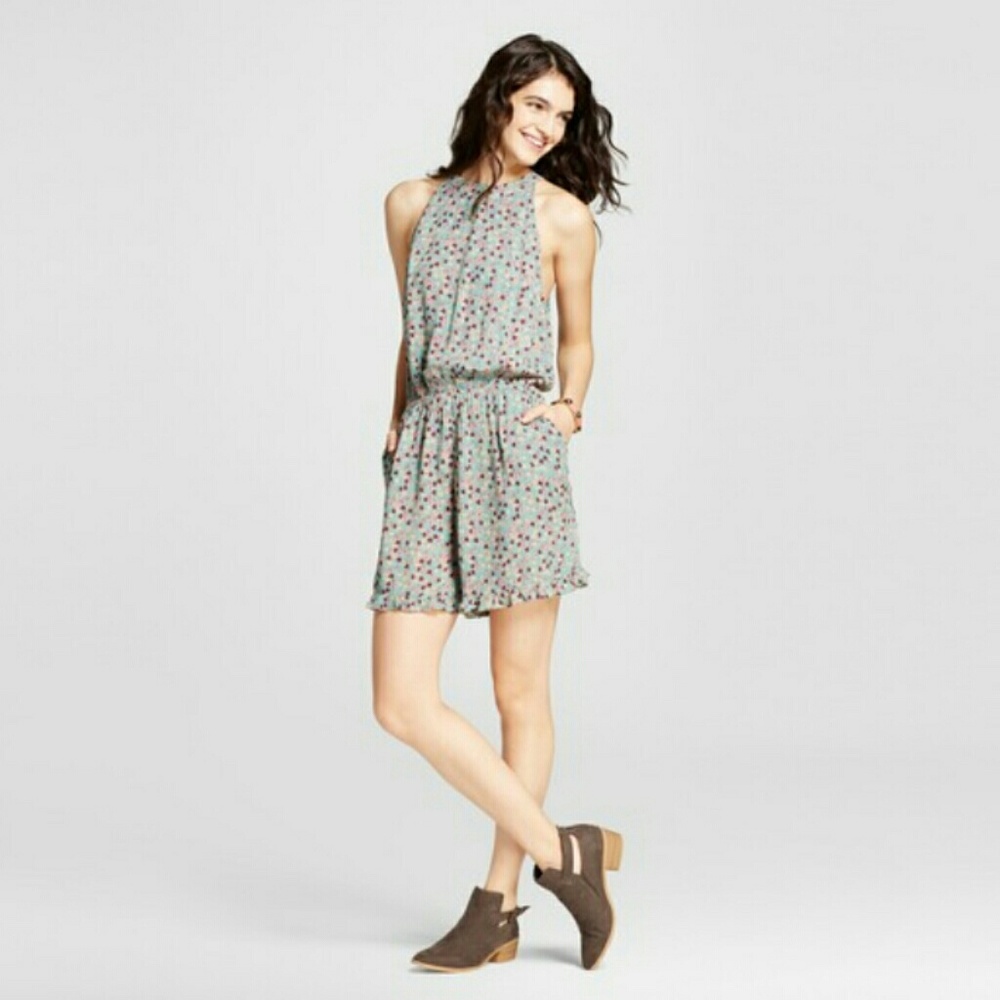 Women's High Neck Romper Green Floral