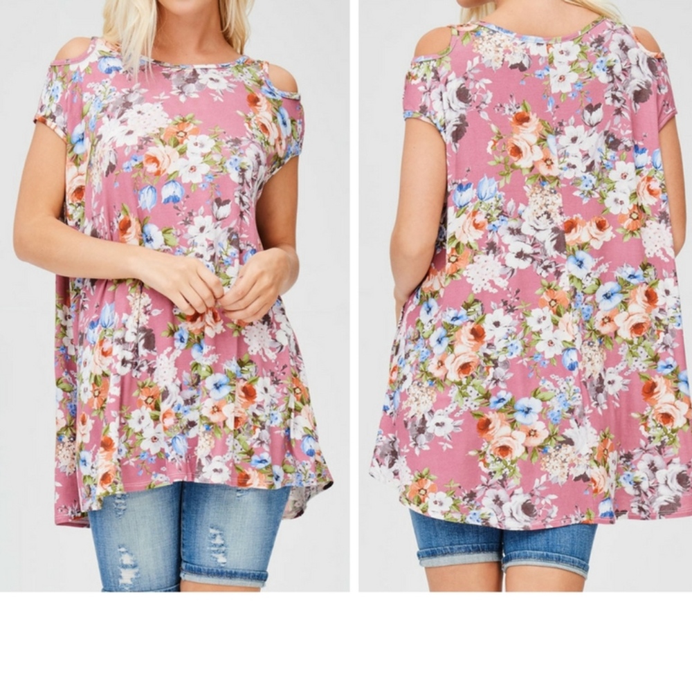 Mauve Cold Shoulder-Floral Print Tunic