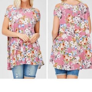 Mauve Cold Shoulder-Floral Print Tunic