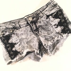 Daytrip Black Wash Jean Shorts with Lace Detail