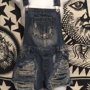 Ripped overall jean shorts