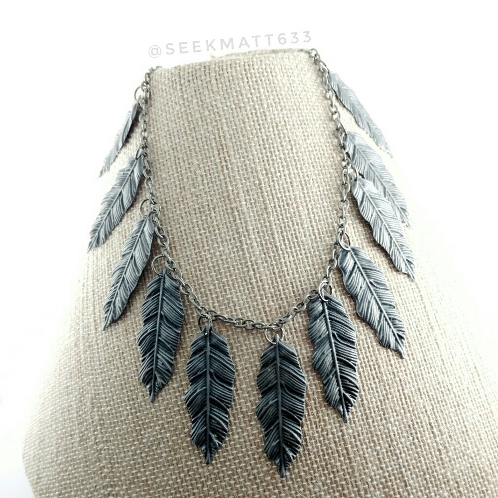 Multiple Oxidized Antique Silver Feather Necklace