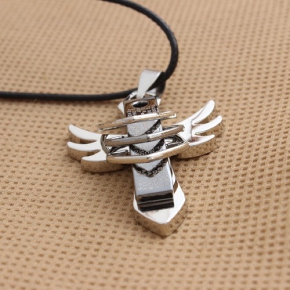 Angel Wing Cross Pendant Silver Tone - Picture 2 of 3