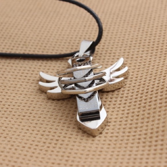 Angel Wing Cross Pendant Silver Tone - Picture 2 of 3