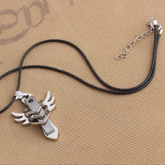 Angel Wing Cross Pendant Silver Tone - Picture 3 of 3