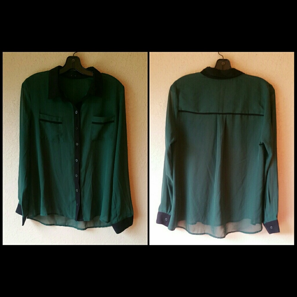 SOLD: Green and Black Chiffon Button Up Blouse