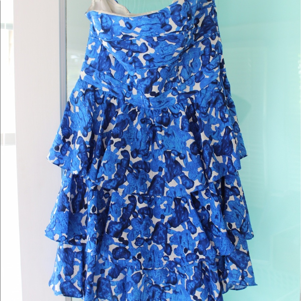 Cynthia Steffe floral strapless ruffle dress.