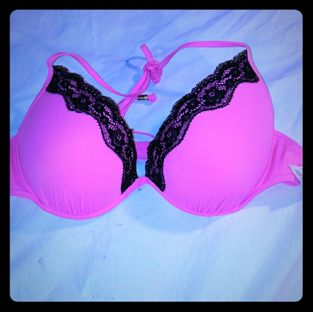 Hot pink with black lace VS bikini top