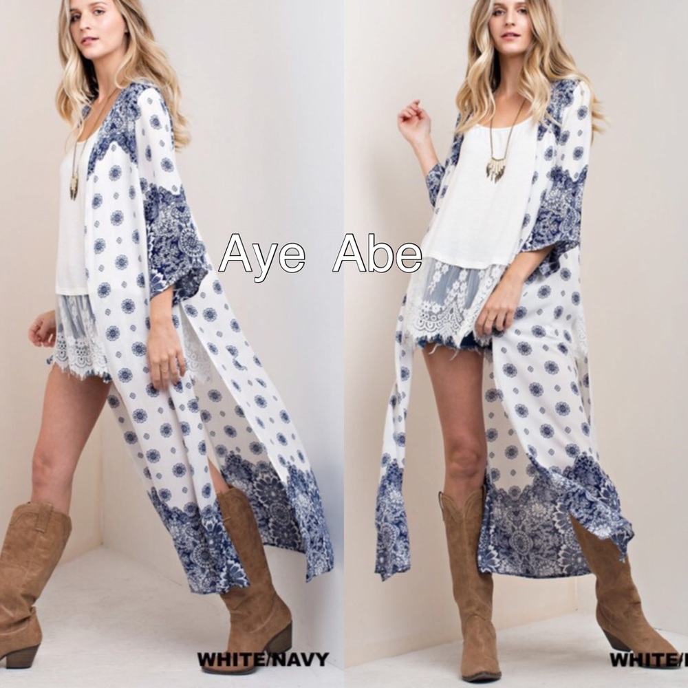 Sold white Duster print cardigan open front long - Picture 5 of 6