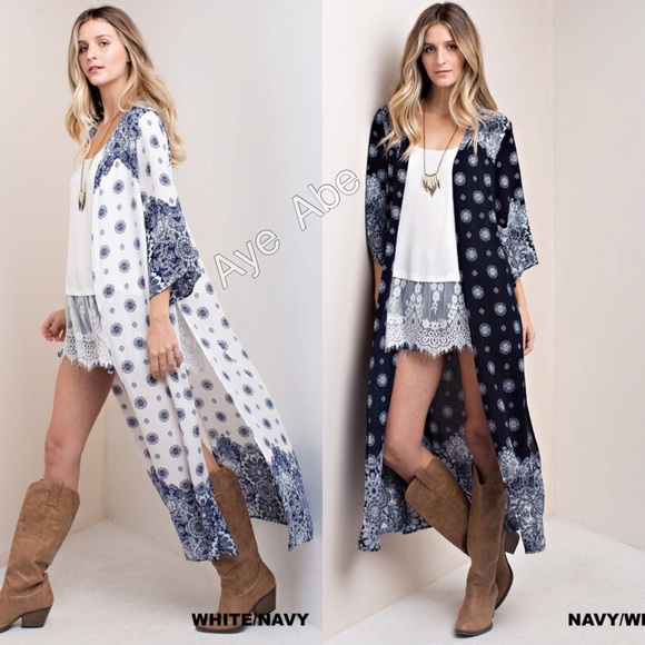 Sold white Duster print cardigan open front long - Picture 2 of 6