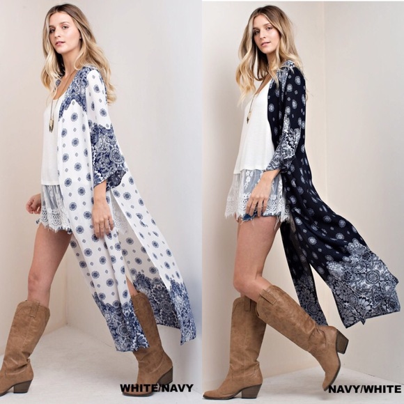 Sold white Duster print cardigan open front long - Picture 3 of 6