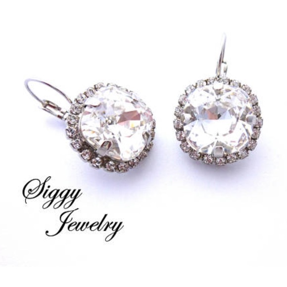 Swarovski Cushion Cut Clear Halo Drop Earrings - Picture 2 of 6