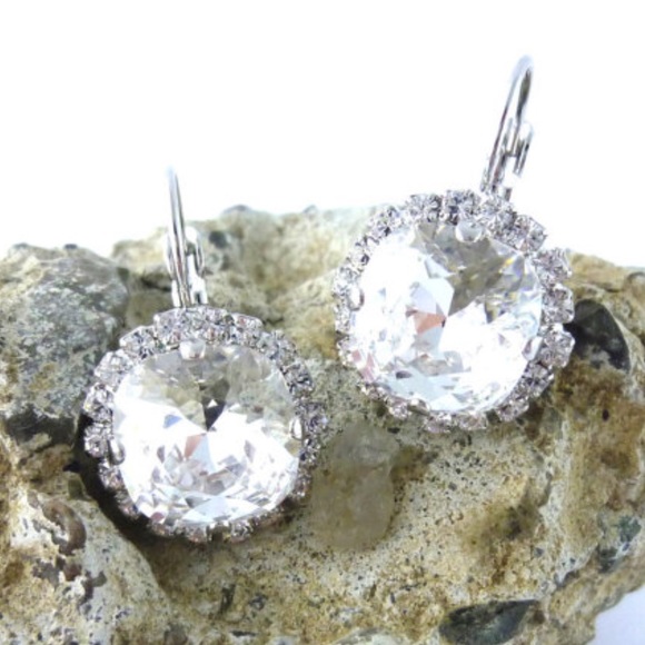 Swarovski Cushion Cut Clear Halo Drop Earrings - Picture 3 of 6