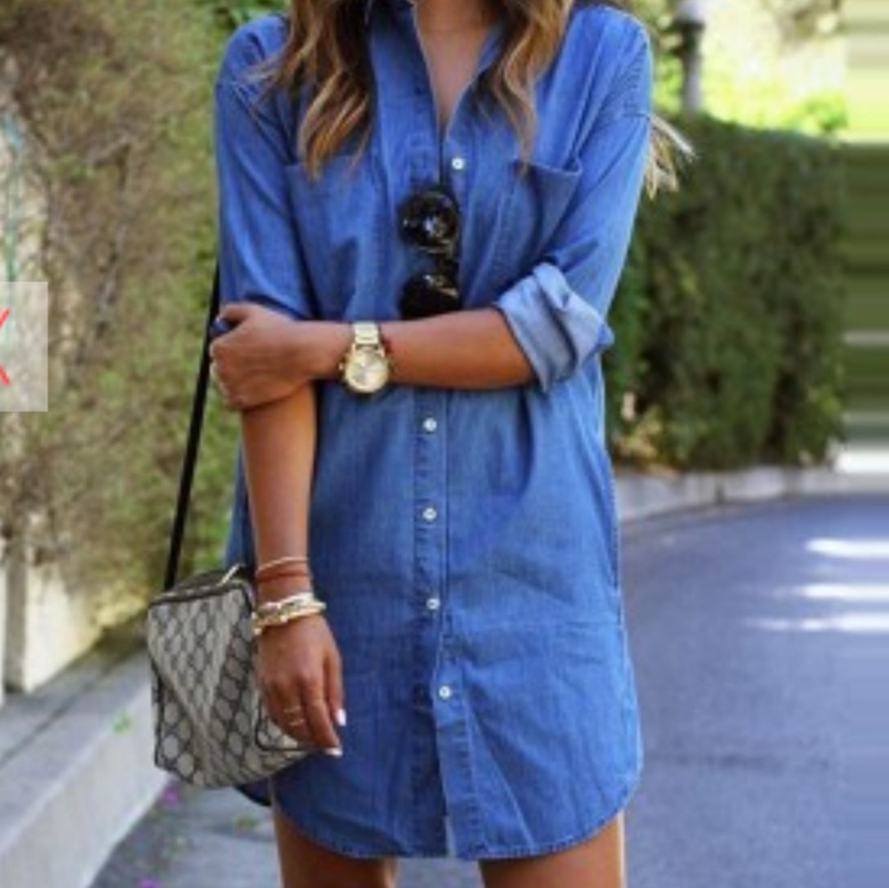 Blue Front Pocket Denim Shirt Dress - Picture 6 of 6