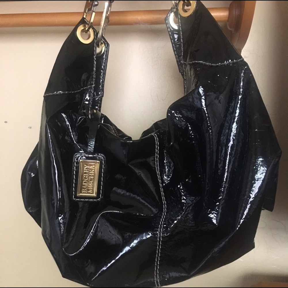 Badgley Mischka black patent leather large hobo