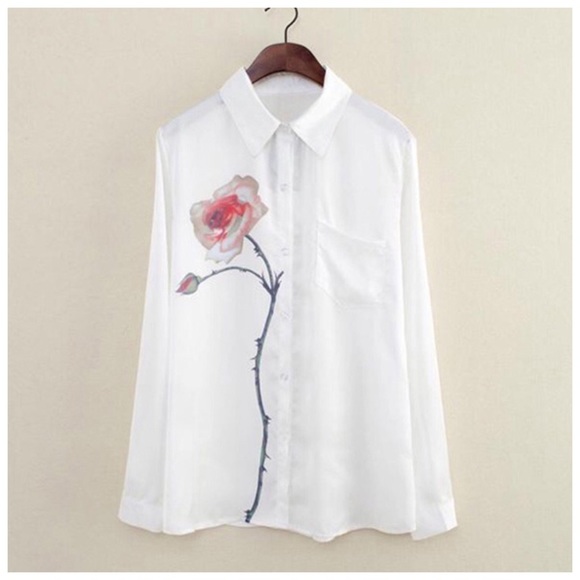 White Flower Accent Blouse Top D40 - Picture 2 of 5