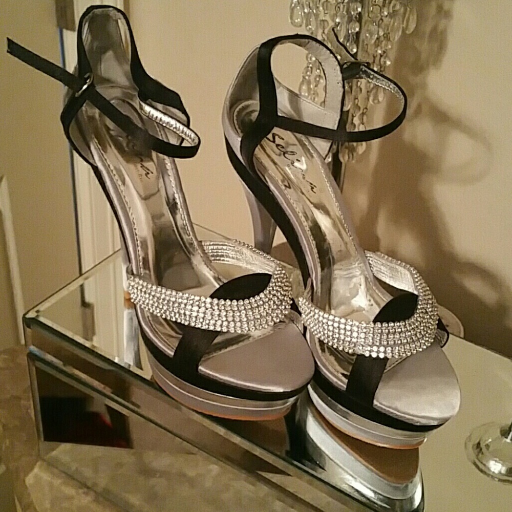Never worn silver, black, and rhinestone heels!