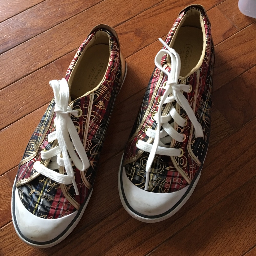 Coach plaid and gold tennis shoes