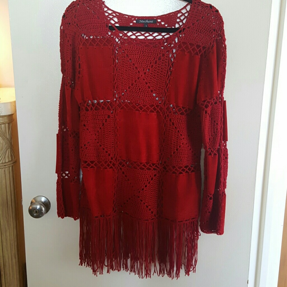 Red Patchwork Fringed Sweater