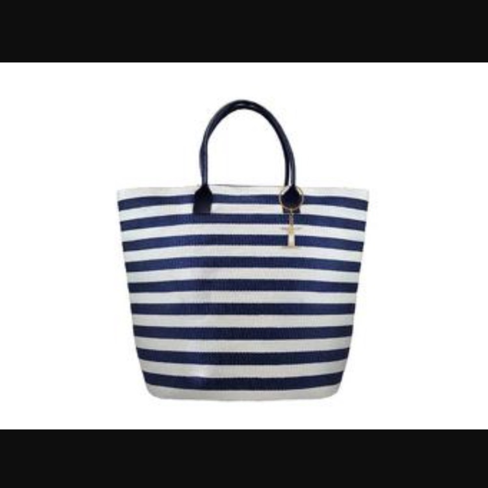 Blue and white striped beach bag