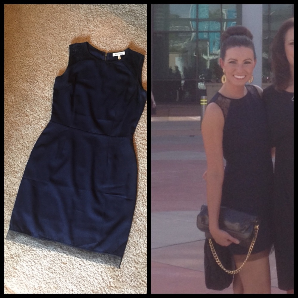 Navy Sheath Dress with Lace Sleeves