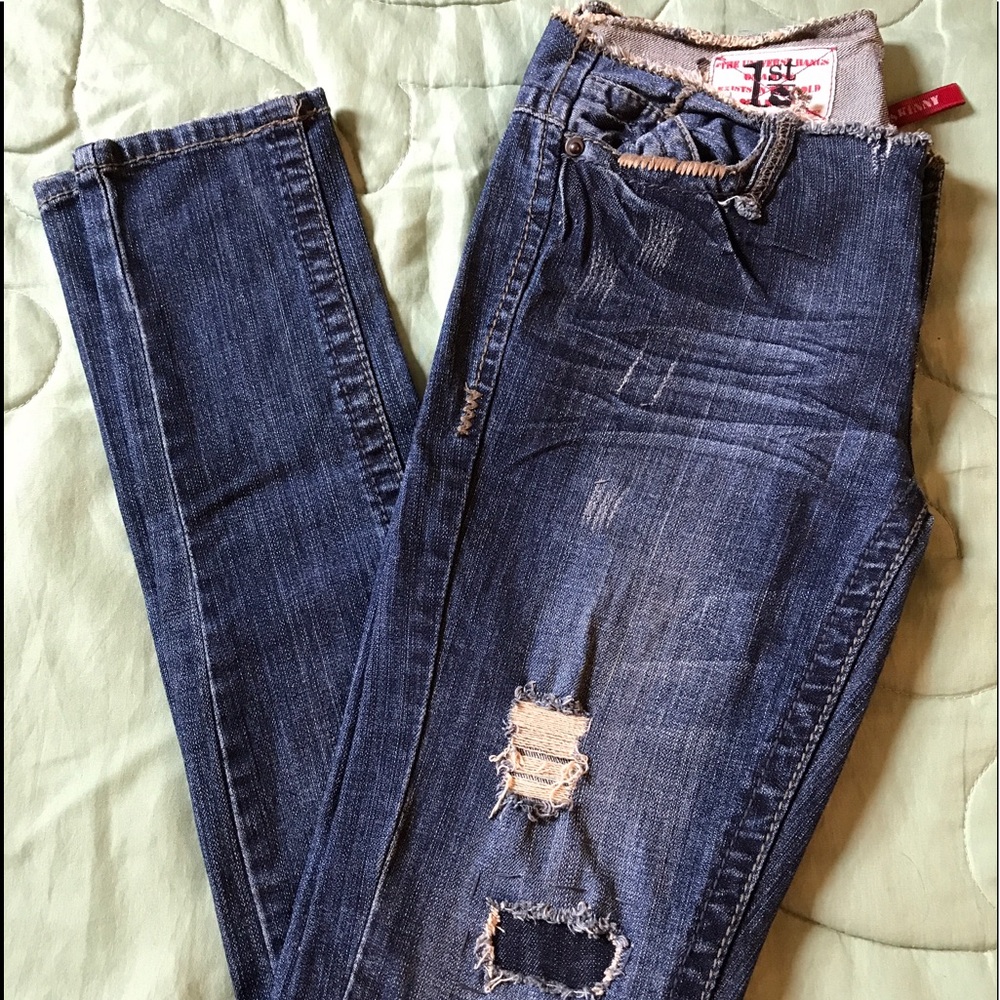1st Kiss dark blue distressed scuffed skinny Jeans