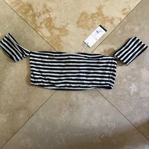 Striped off the shoulder swim top