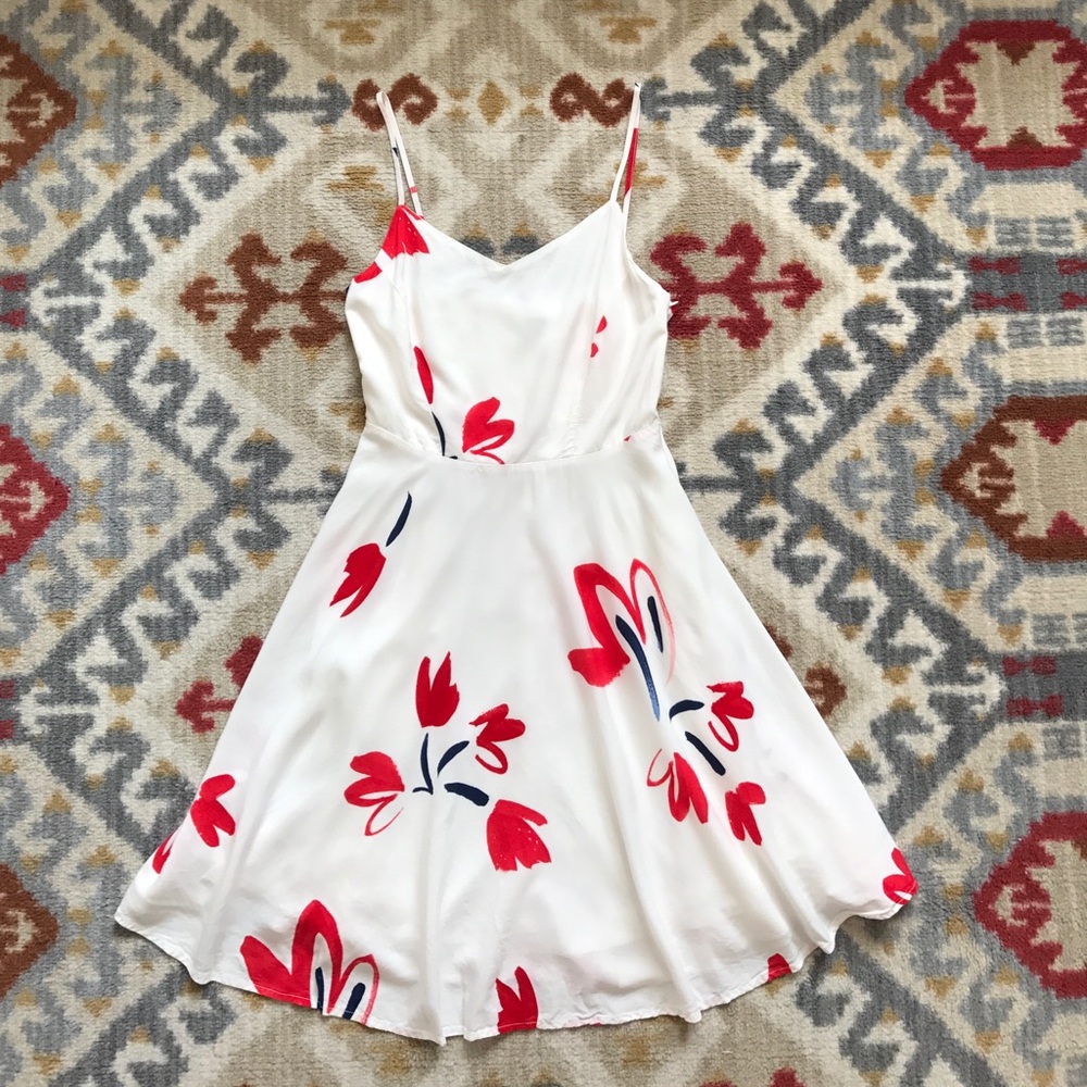 White dress with red and blue floral print