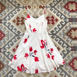 White dress with red and blue floral print