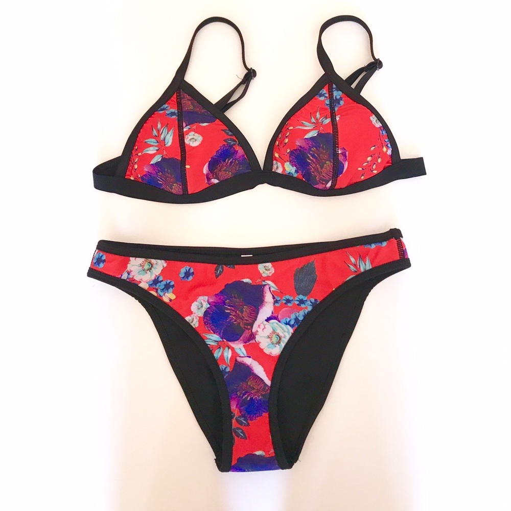 Neoprene Red Floral triangle bikini swimsuit